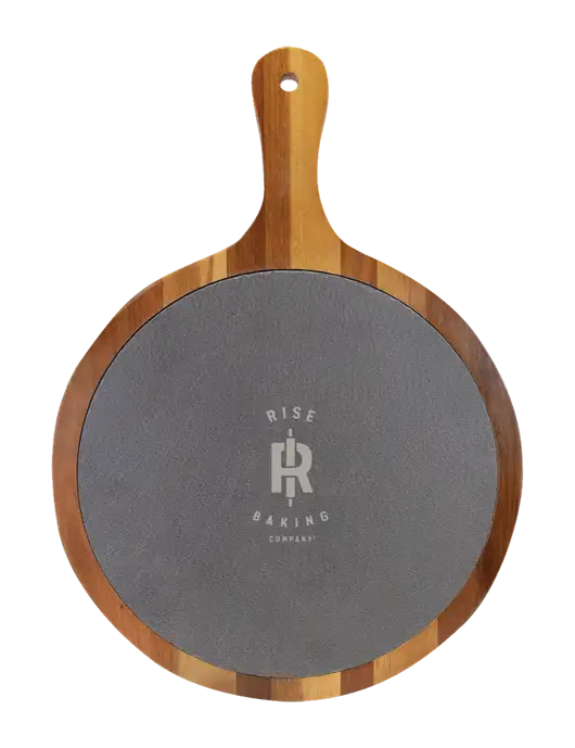 Acacia Wood & Slate Round Cutting Board & Handle 10.5 x 14.5 w/Rise Baking Logo