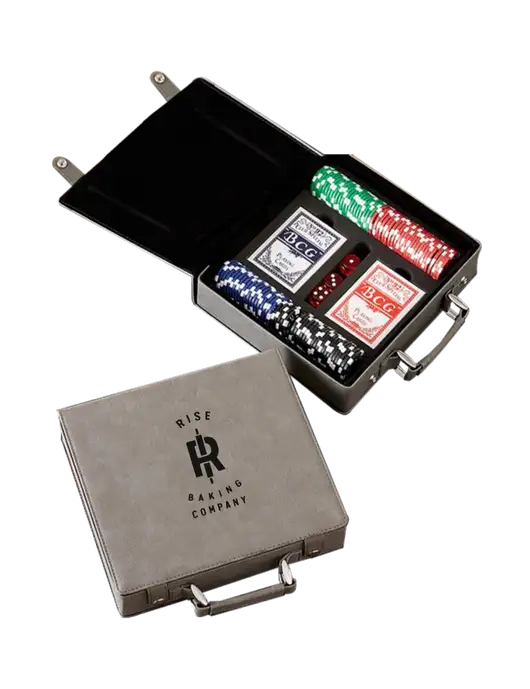 Grey Leatherette 100 Chip Poker Set w/Rise Baking Logo