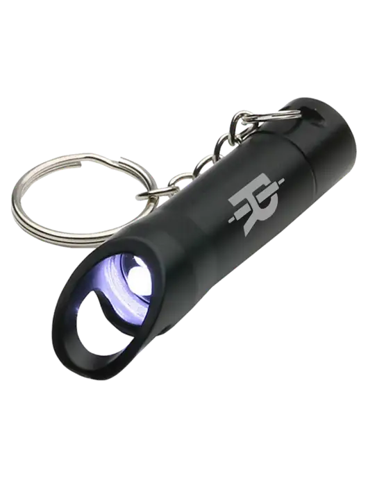 Black Pocket LED Flashlight with Bottle Opener & Keychain w/Rise Baking Logo