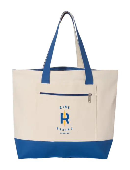 Natural/Royal Zippered Tote  w/Rise Baking Logo